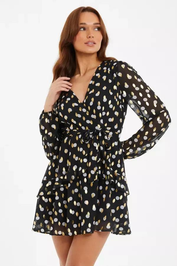 Women Black Polka Dot Foil Wrap Skater Dress Quiz Clothing Casual Clothing