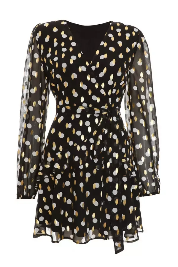 Women Black Polka Dot Foil Wrap Skater Dress Quiz Clothing Casual Clothing