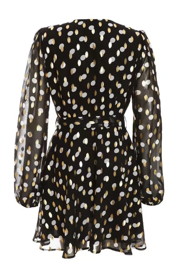 Women Black Polka Dot Foil Wrap Skater Dress Quiz Clothing Casual Clothing