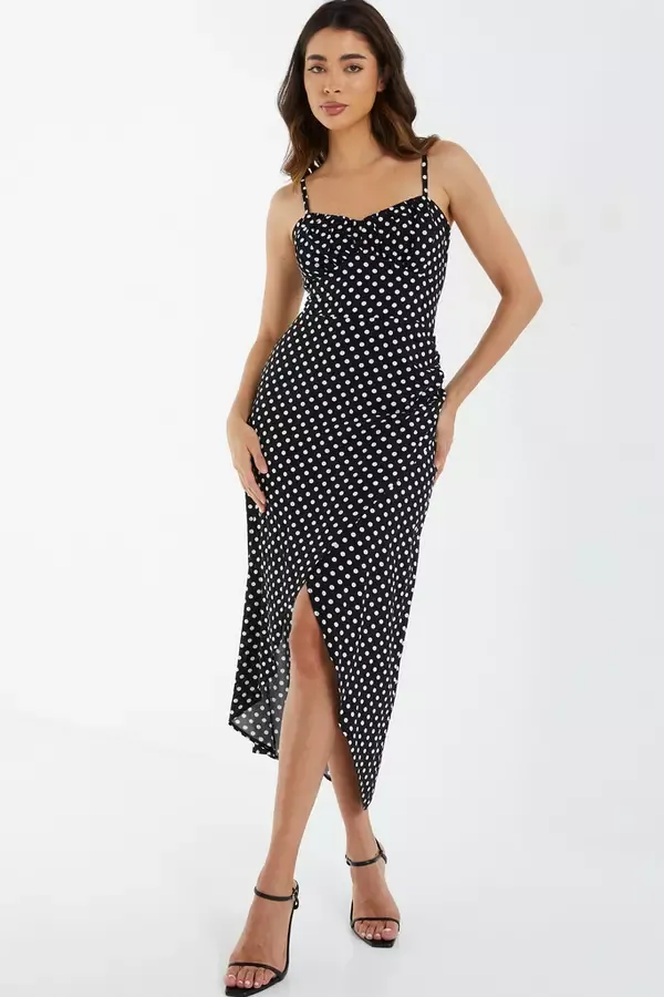 Women Black Polka Dot Midi Dress Quiz Clothing Casual Clothing