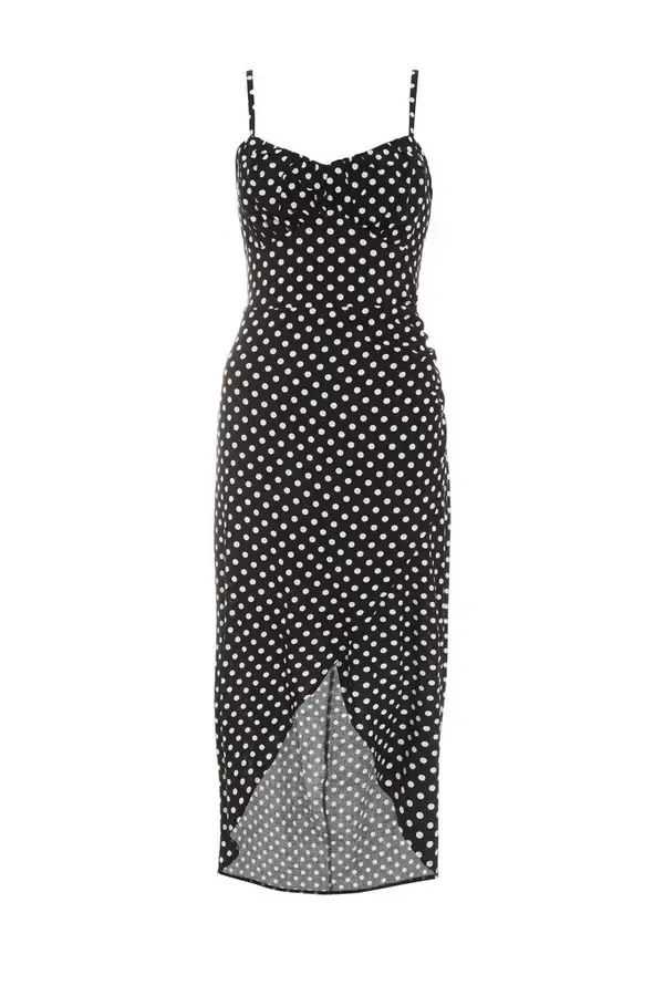 Women Black Polka Dot Midi Dress Quiz Clothing Casual Clothing