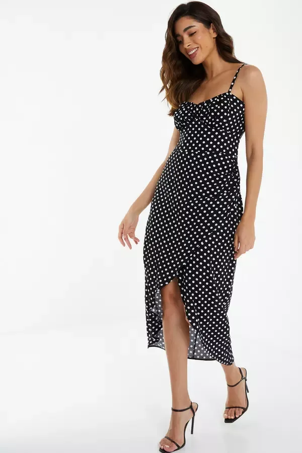 Women Black Polka Dot Midi Dress Quiz Clothing Casual Clothing