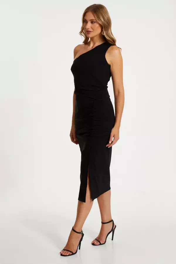 Women Black Ruched One Shoulder Midaxi Dress Quiz Clothing Dresses
