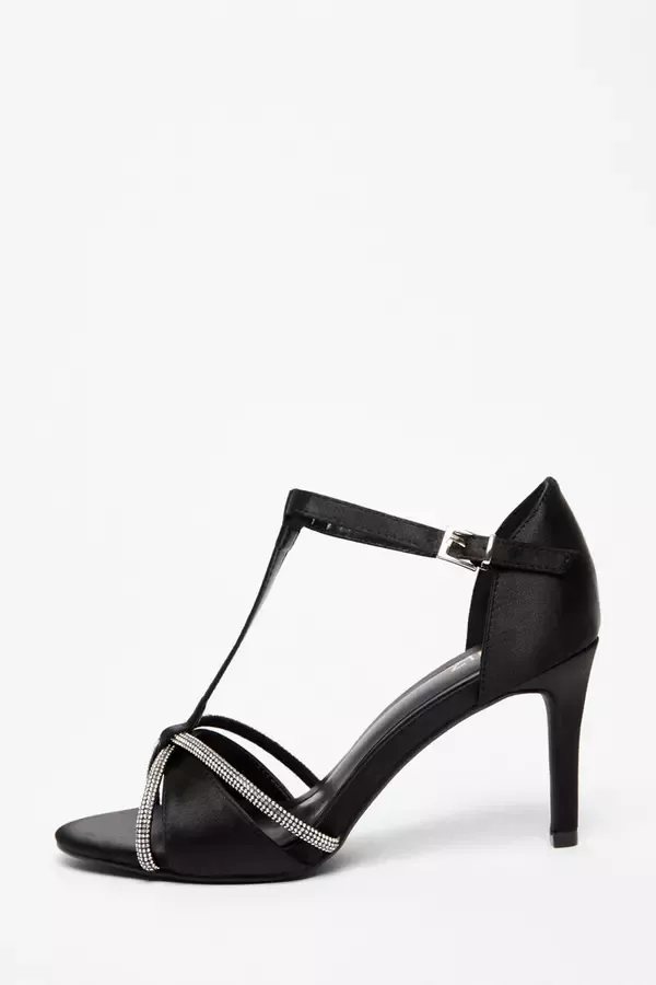 Women Black Satin Diamante TBar Heels Quiz Clothing Party Shoes