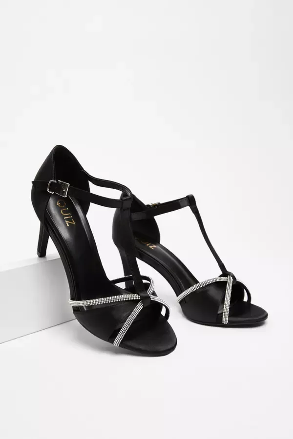 Women Black Satin Diamante TBar Heels Quiz Clothing Party Shoes
