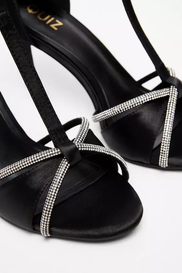 Women Black Satin Diamante TBar Heels Quiz Clothing Party Shoes