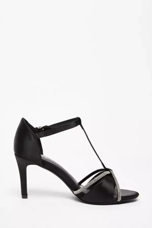 Women Black Satin Diamante TBar Heels Quiz Clothing Party Shoes