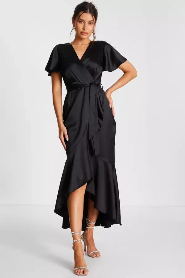 Women Black Satin Wrap Maxi Dress Quiz Clothing Dresses