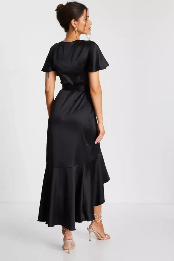 Women Black Satin Wrap Maxi Dress Quiz Clothing Dresses