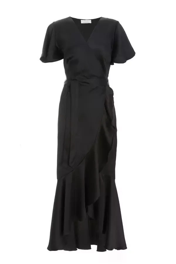 Women Black Satin Wrap Maxi Dress Quiz Clothing Dresses