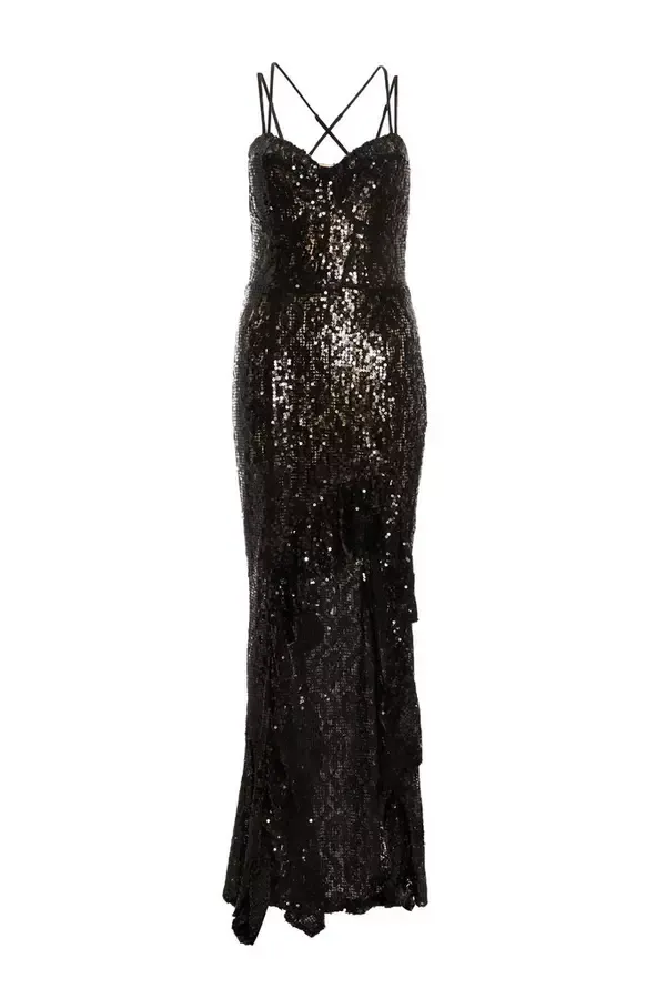 Women Black Sequin Lace Fishtail Maxi Dress Quiz Clothing Dresses