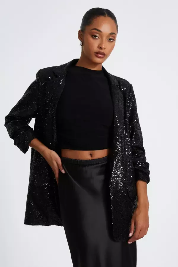 Women Black Sequin Ruched Blazer Quiz Clothing Blazers