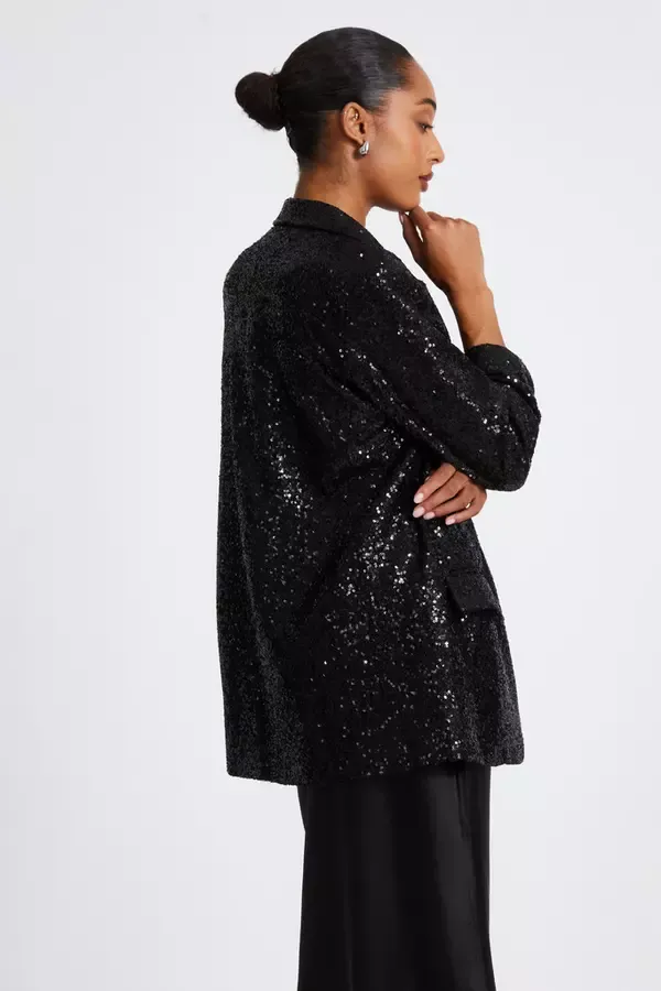 Women Black Sequin Ruched Blazer Quiz Clothing Blazers