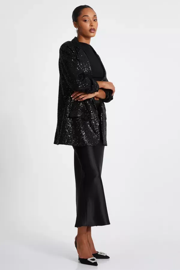Women Black Sequin Ruched Blazer Quiz Clothing Blazers