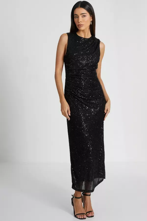 Women Black Sequin Ruched Side Midaxi Dress Quiz Clothing Dresses