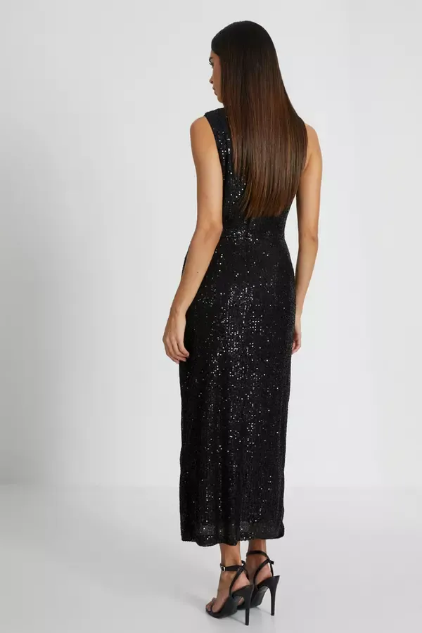 Women Black Sequin Ruched Side Midaxi Dress Quiz Clothing Dresses