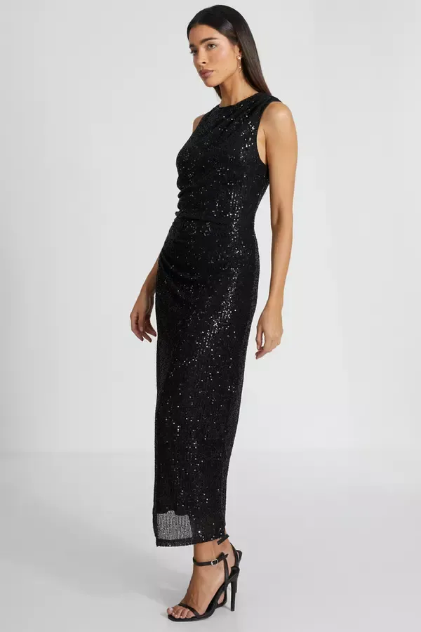 Women Black Sequin Ruched Side Midaxi Dress Quiz Clothing Dresses