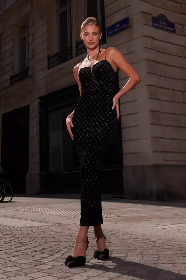 Women Black Velvet Diamante Midi Dress Quiz Clothing Dresses