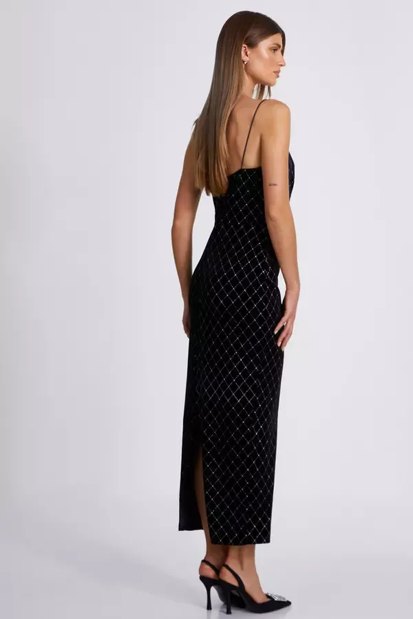 Women Black Velvet Diamante Midi Dress Quiz Clothing Dresses