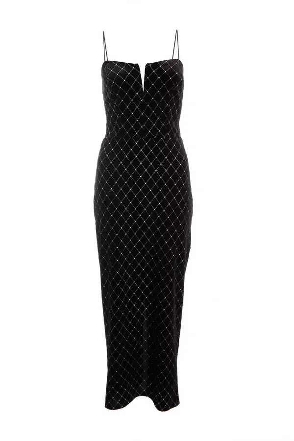 Women Black Velvet Diamante Midi Dress Quiz Clothing Dresses