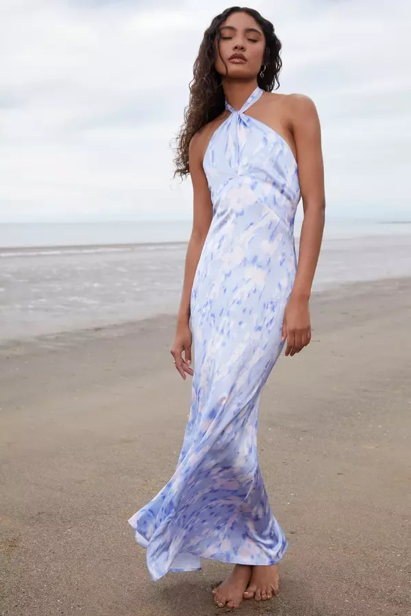 Women Blue Marble Print Halter Neck Maxi Dress Quiz Clothing Dresses