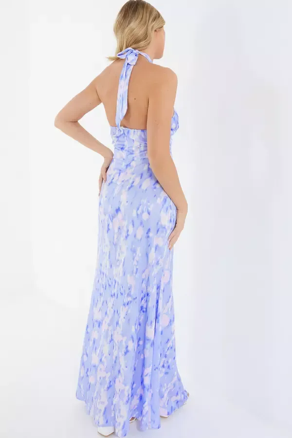 Women Blue Marble Print Halter Neck Maxi Dress Quiz Clothing Dresses