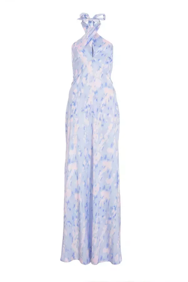 Women Blue Marble Print Halter Neck Maxi Dress Quiz Clothing Dresses