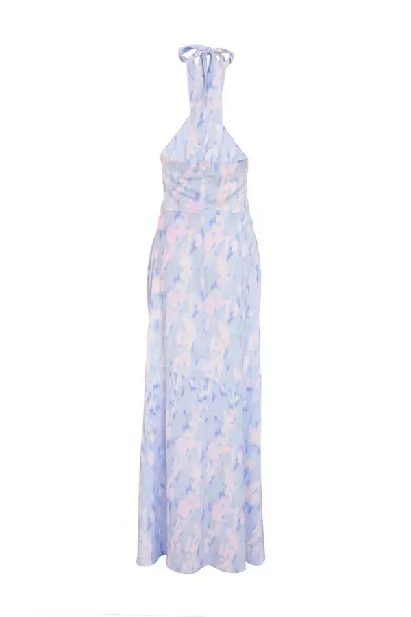 Women Blue Marble Print Halter Neck Maxi Dress Quiz Clothing Dresses