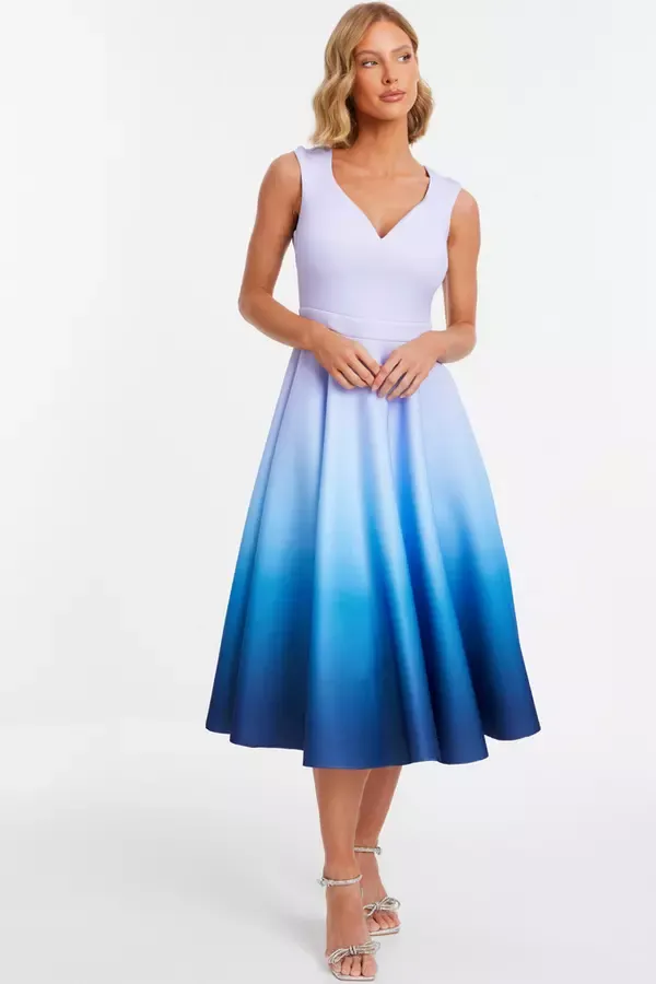Women Blue Ombre Midi Skater Dress Quiz Clothing Dresses