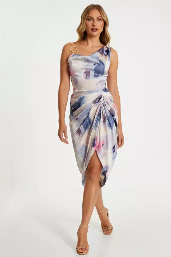 Women Blue Satin Marble Print Ruched Midi Dress Quiz Clothing Dresses