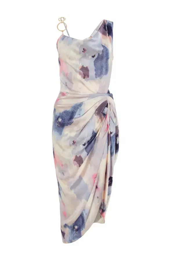 Women Blue Satin Marble Print Ruched Midi Dress Quiz Clothing Dresses