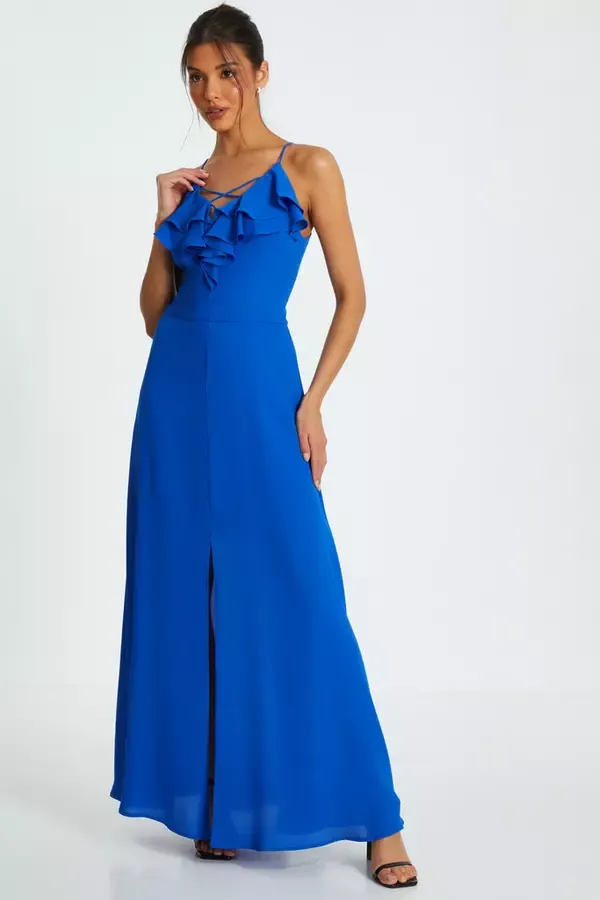 Women Blue Strappy Ruffle Chiffon Maxi Dress Quiz Clothing Dresses