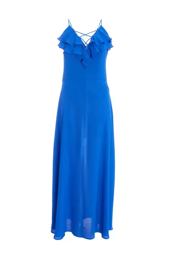 Women Blue Strappy Ruffle Chiffon Maxi Dress Quiz Clothing Dresses
