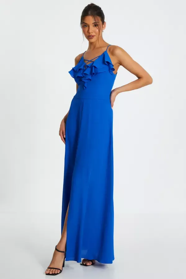 Women Blue Strappy Ruffle Chiffon Maxi Dress Quiz Clothing Dresses