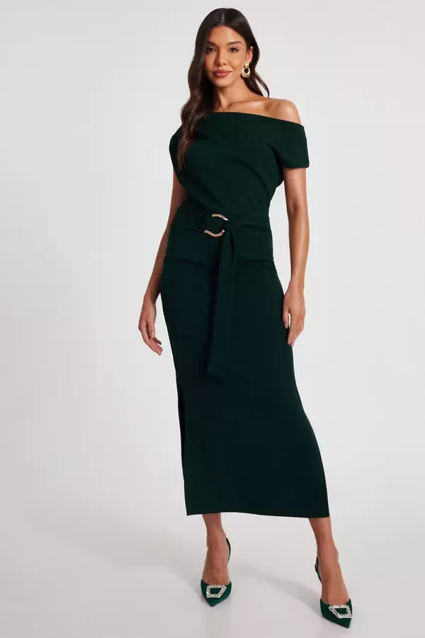 Women Bottle Green Asymmetric Tie Belt Midaxi Dress Quiz Clothing Dresses