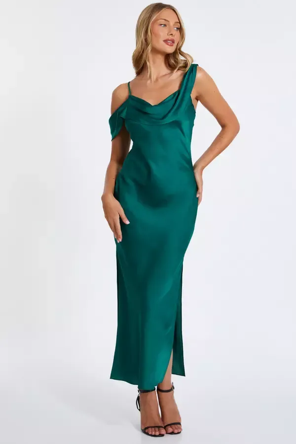Women Bottle Green Satin Drop Shoulder Maxi Dress Quiz Clothing Dresses