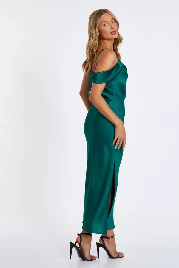 Women Bottle Green Satin Drop Shoulder Maxi Dress Quiz Clothing Dresses