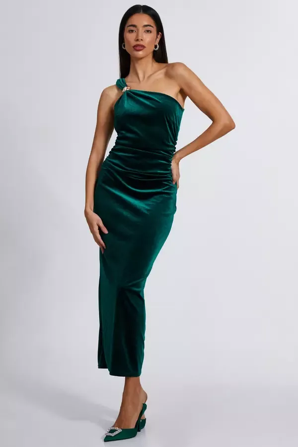 Women Bottle Green Velvet One Shoulder Midaxi Dress Quiz Clothing Dresses
