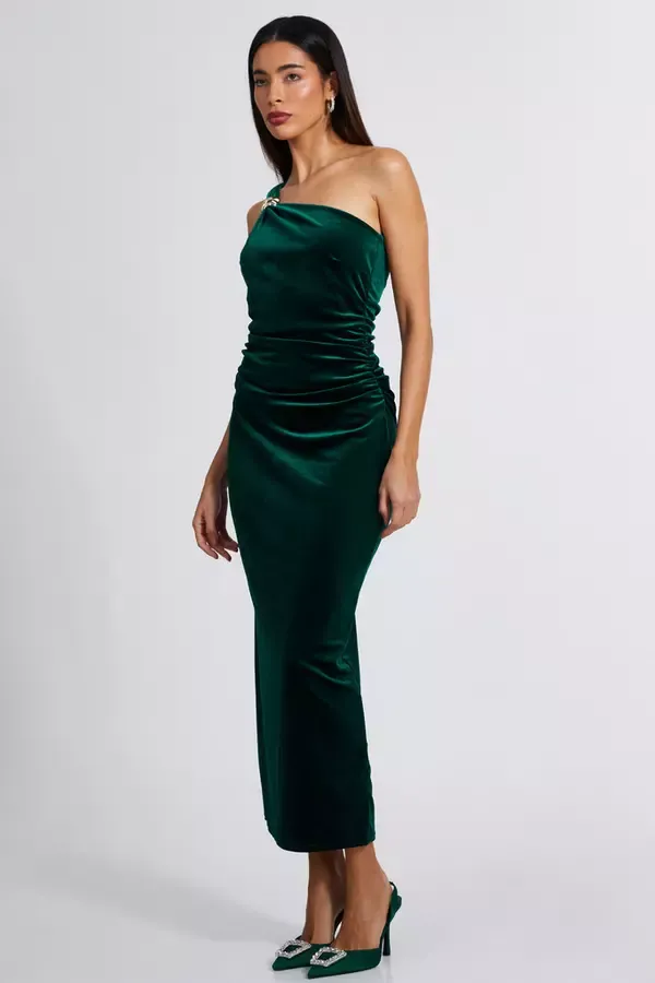 Women Bottle Green Velvet One Shoulder Midaxi Dress Quiz Clothing Dresses