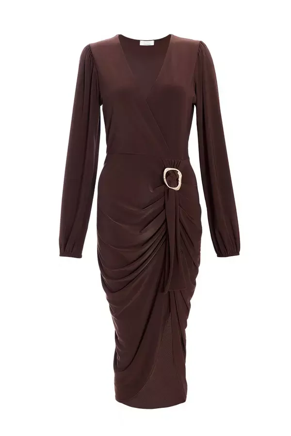 Women Brown Buckle Detail Midi Dress Quiz Clothing Dresses