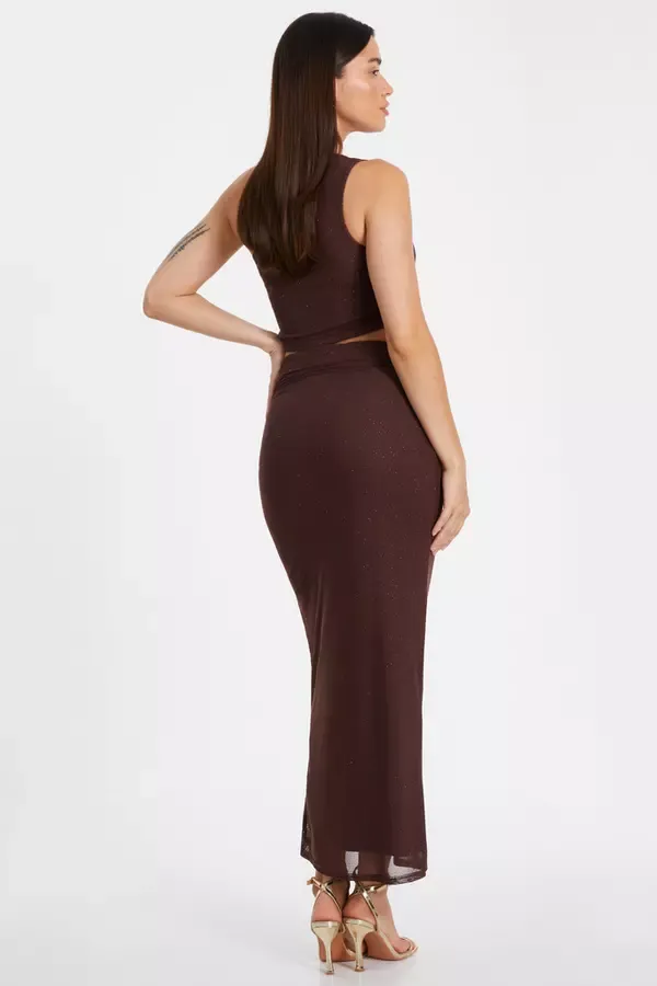 Women Brown Glitter Mesh One Shoulder Crop Top Quiz Clothing Going Out