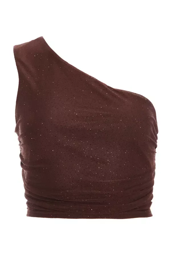 Women Brown Glitter Mesh One Shoulder Crop Top Quiz Clothing Going Out