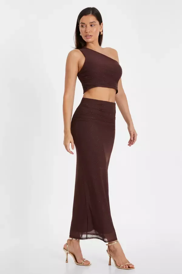 Women Brown Glitter Mesh One Shoulder Crop Top Quiz Clothing Going Out