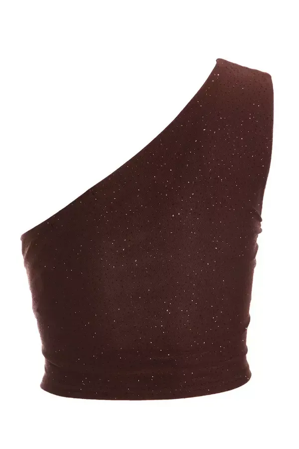 Women Brown Glitter Mesh One Shoulder Crop Top Quiz Clothing Going Out