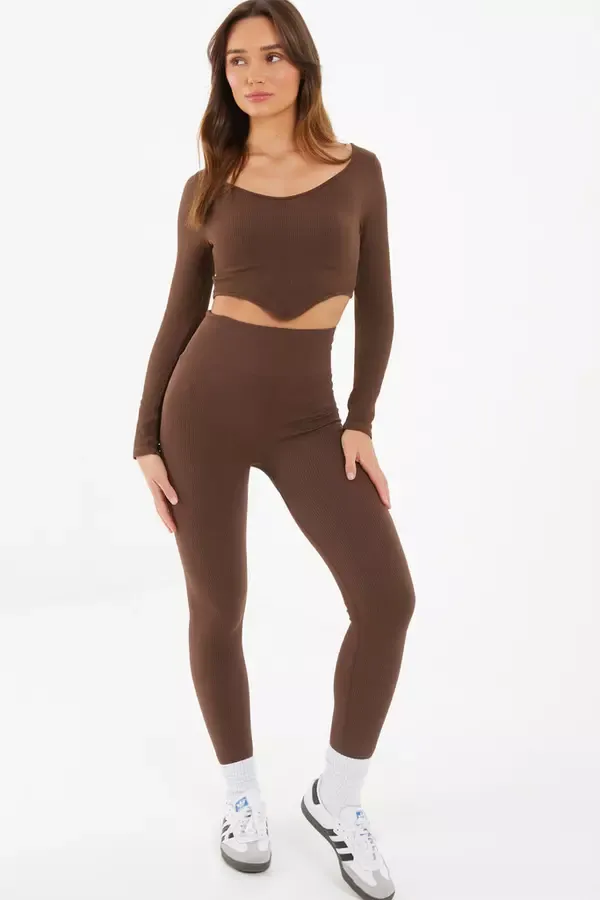 Women Brown Knit Ribbed Leggings Quiz Clothing Leggings