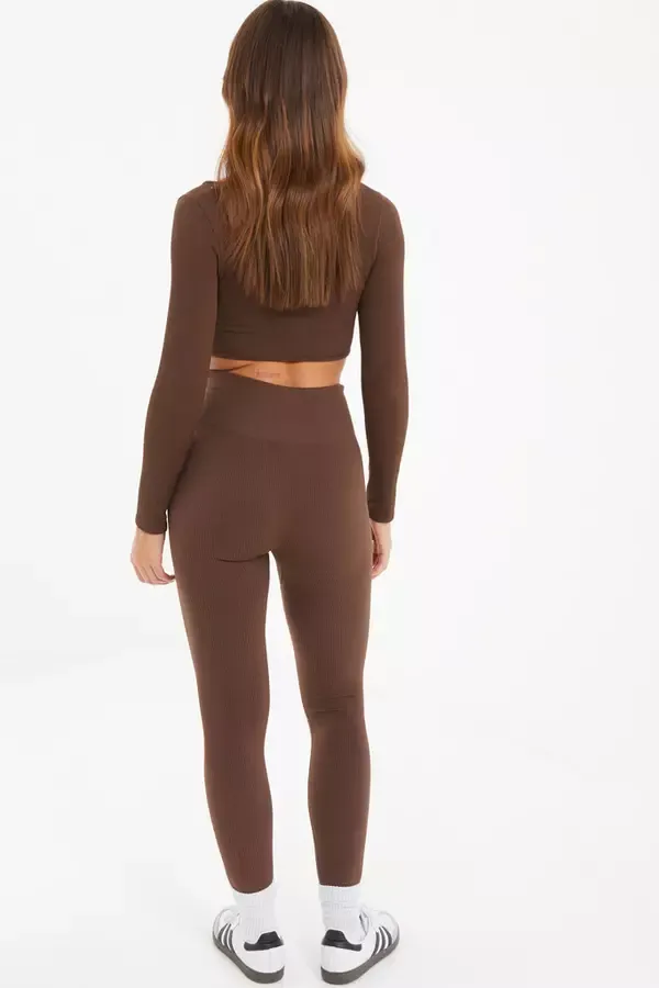 Women Brown Knit Ribbed Leggings Quiz Clothing Leggings