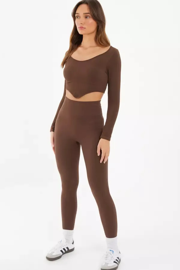 Women Brown Knit Ribbed Leggings Quiz Clothing Leggings