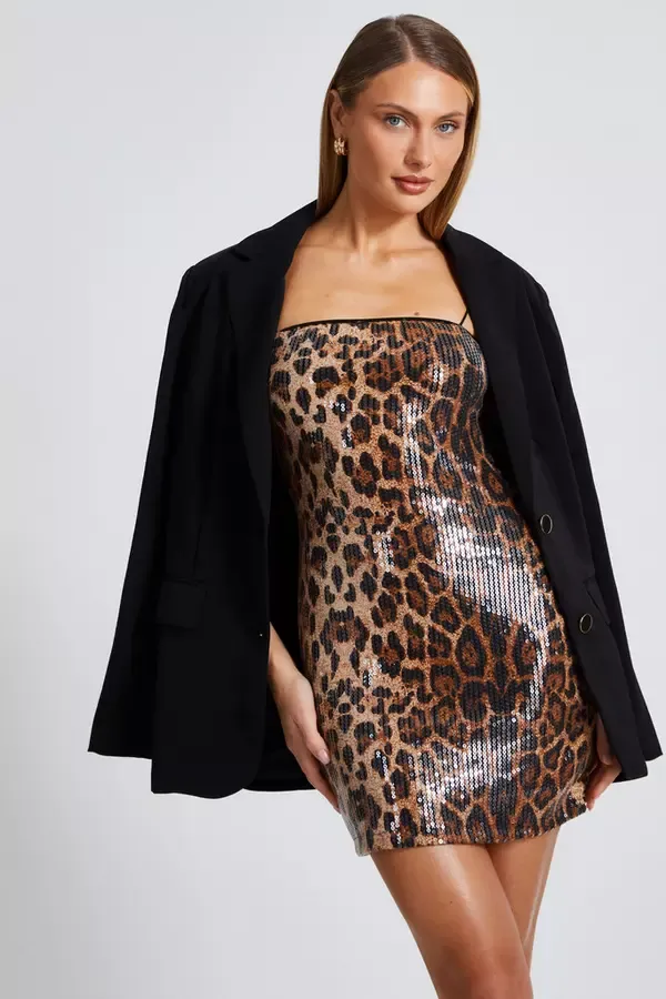 Women Brown Leopard Sequin Mini Dress Quiz Clothing Dresses
