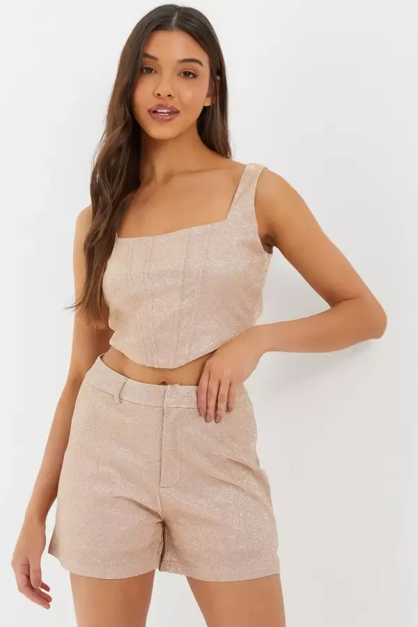 Women Champagne Glitter Tailored Shorts Quiz Clothing Shorts