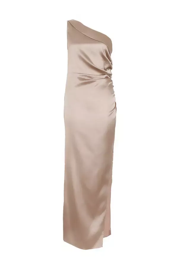 Women Champagne Satin One Shoulder Maxi Dress Quiz Clothing Dresses